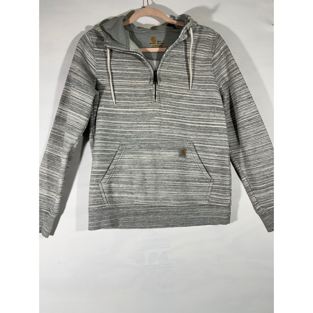 Carhartt Women Striped Quarter Zip‎ Hooded Sweatshirt Relaxed Fit Cozy Gray Sz S
